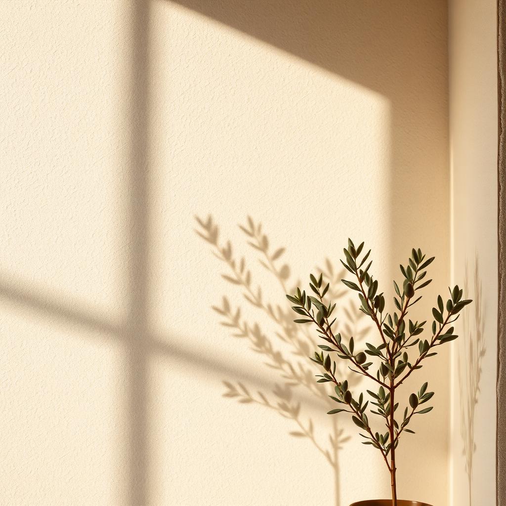 Soft window light and olive branch shadows on a cream wall